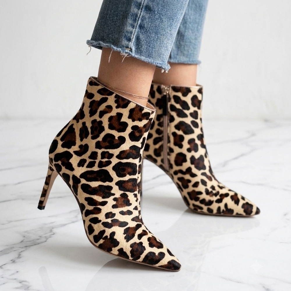 NEW Sophia Webster Rizzo Leopard Calf Hair Pointed Toe Mid Height Ankle Boots 37